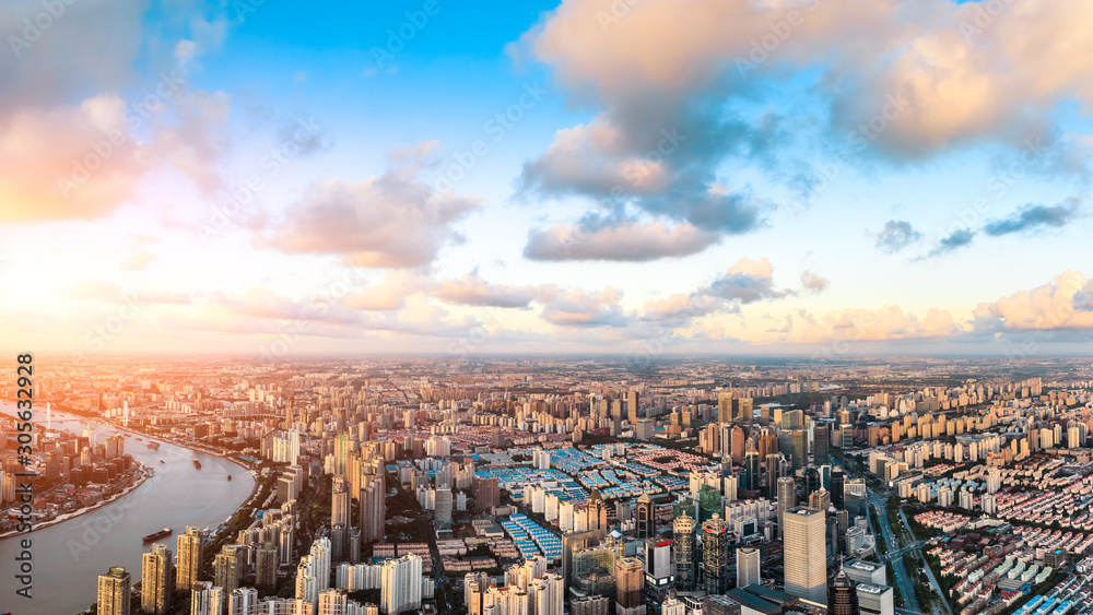 Aerial view of Shanghai skyline at sunset,China.