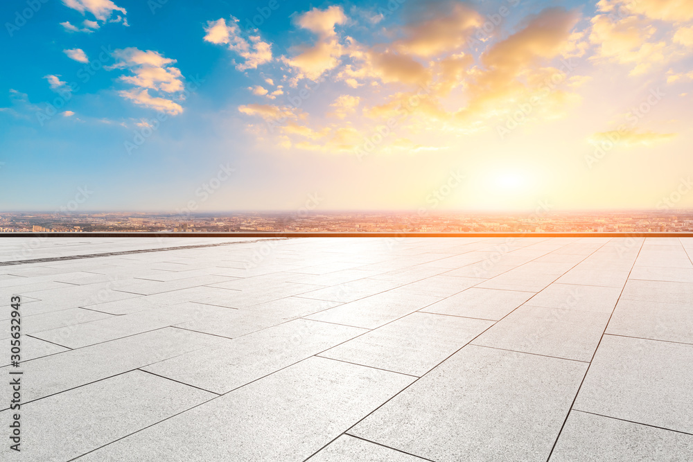 Empty floor and city skyline with beautiful clouds scenery in Shanghai at sunset.high angle view.