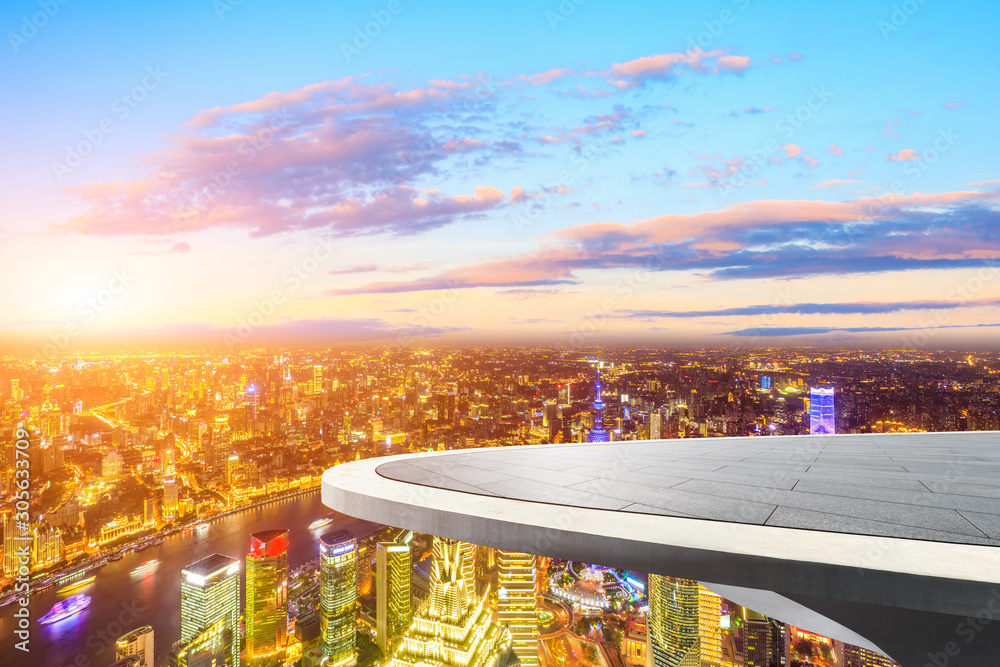 Empty floor and city skyline with beautiful clouds scenery in Shanghai at sunset.high angle view.