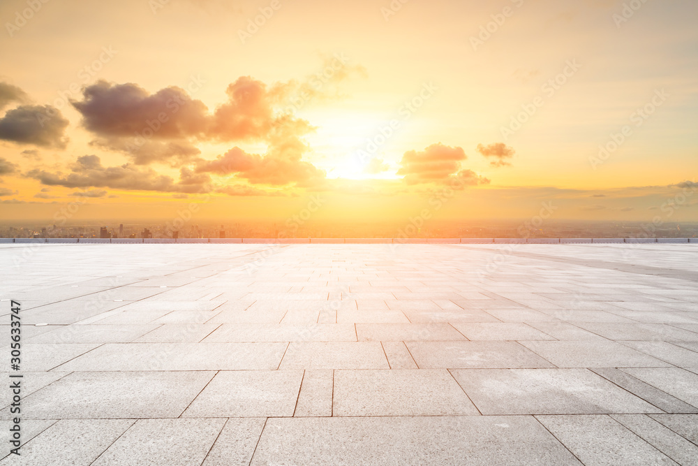 Empty floor and city skyline with beautiful clouds scenery in Shanghai at sunset.high angle view.