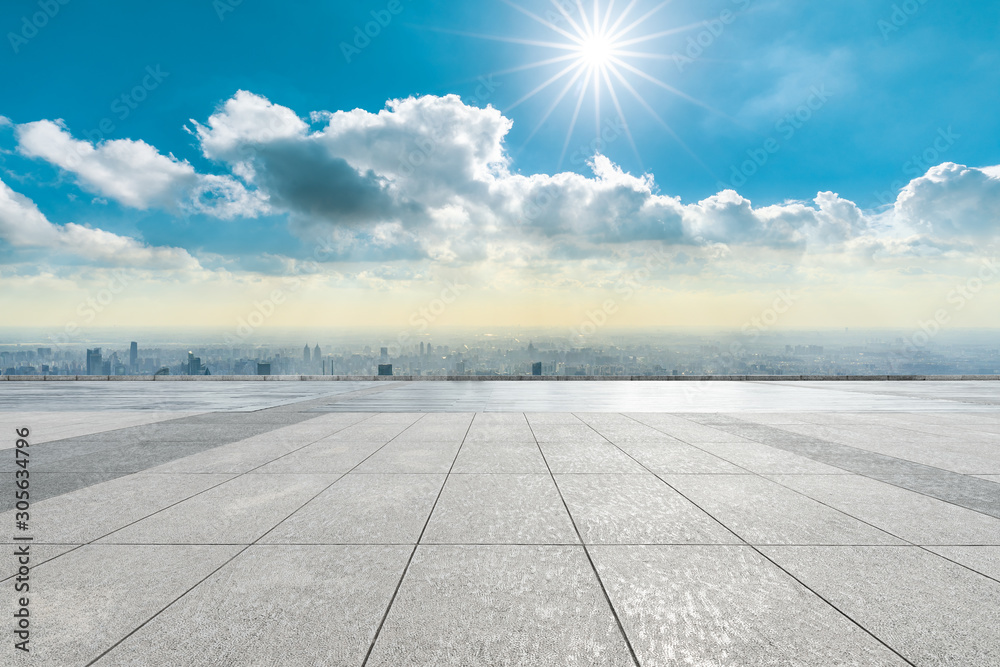 Empty floor and city skyline with beautiful clouds scenery in Shanghai.high angle view.