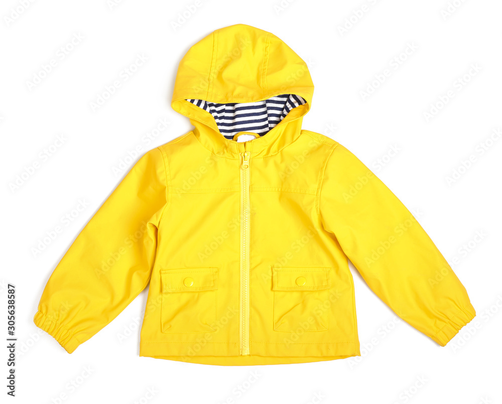 Stylish raincoat on white background