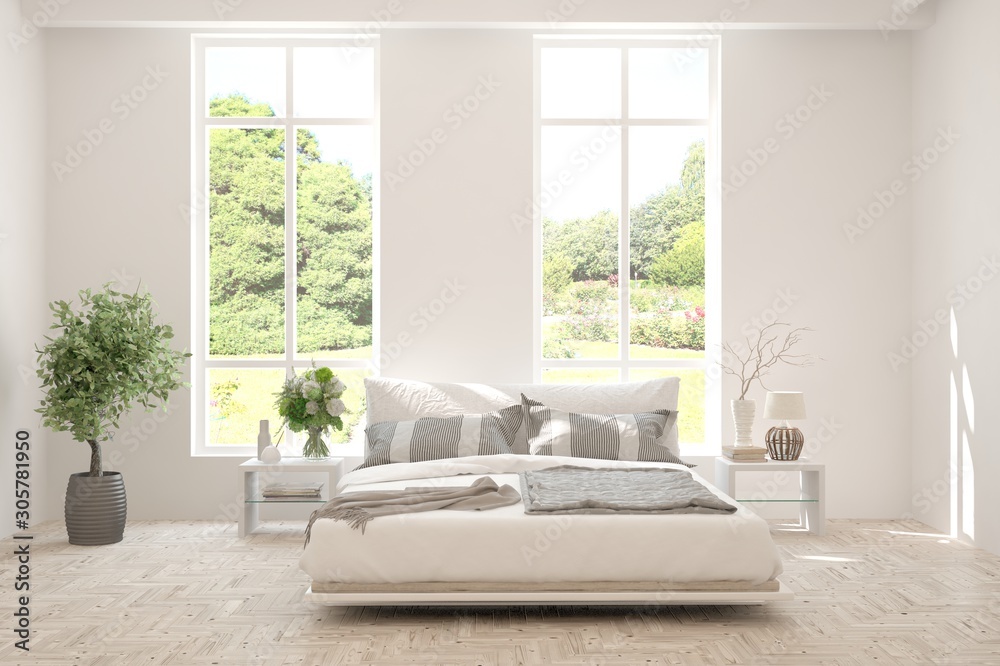 Stylish bedroom in white color with summer landscape in window. Scandinavian interior design. 3D ill