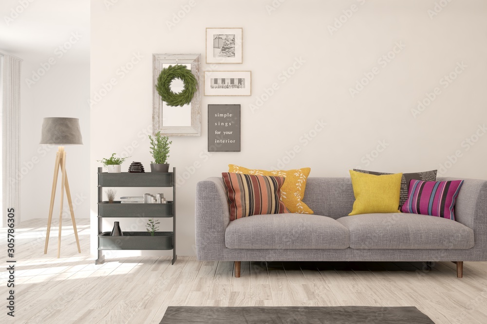 Stylish room in white color with colorful sofa. Scandinavian interior design. 3D illustration