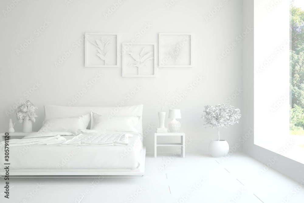 Modern bedroom in white color. Scandinavian interior design. 3D illustration