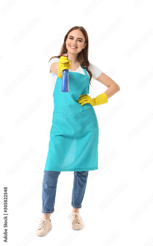 Female janitor on white background