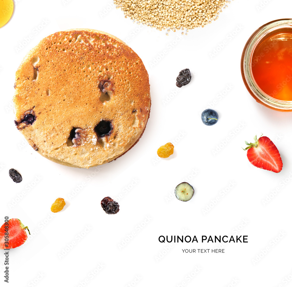 Creative layout made of pancake with berries and honey on the white background. Flat lay. Food conce