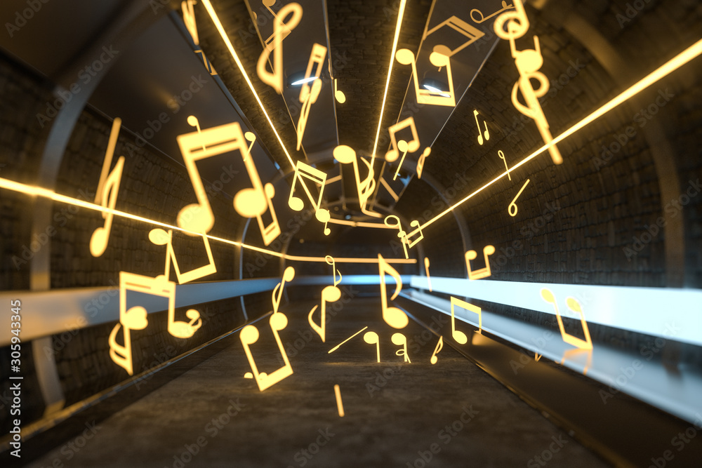 Music notes with dark background, floating notes, 3d rendering.