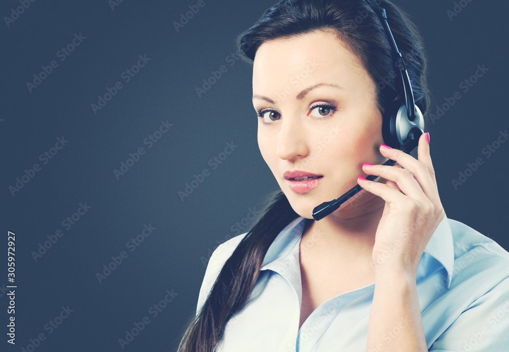 Woman Call Center operator on dark background