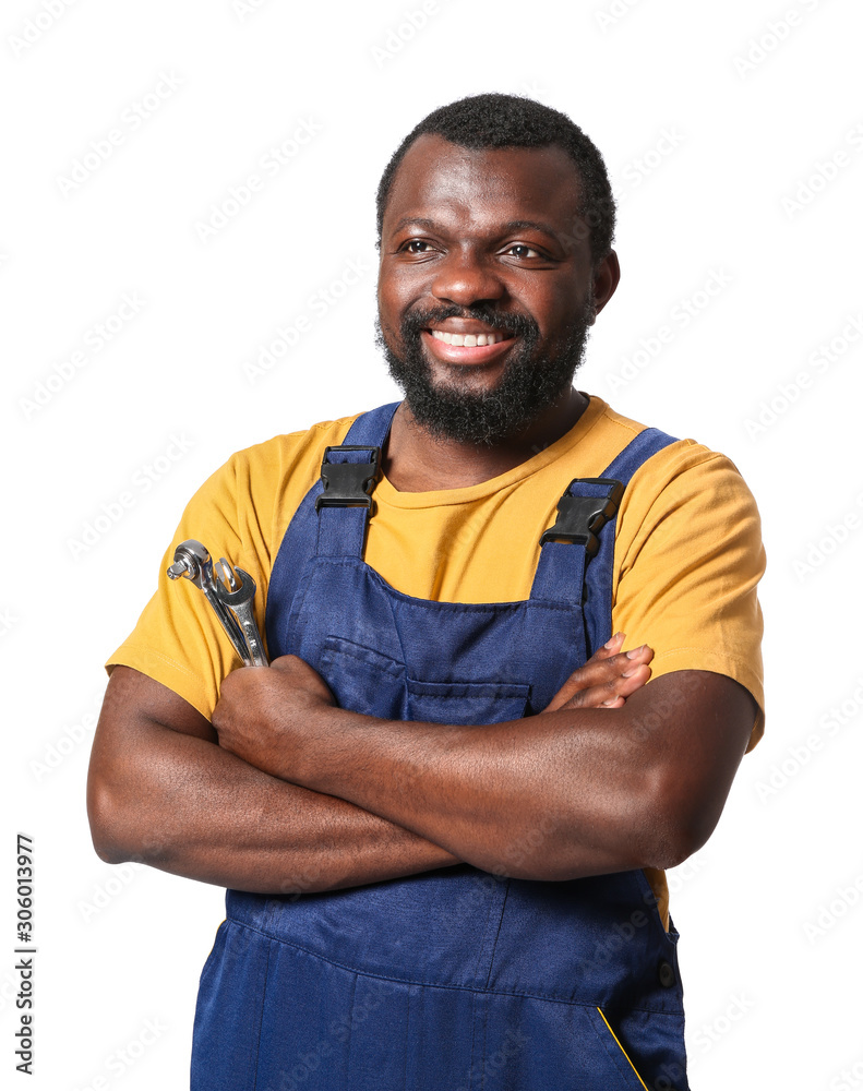 African-American car mechanic on white background