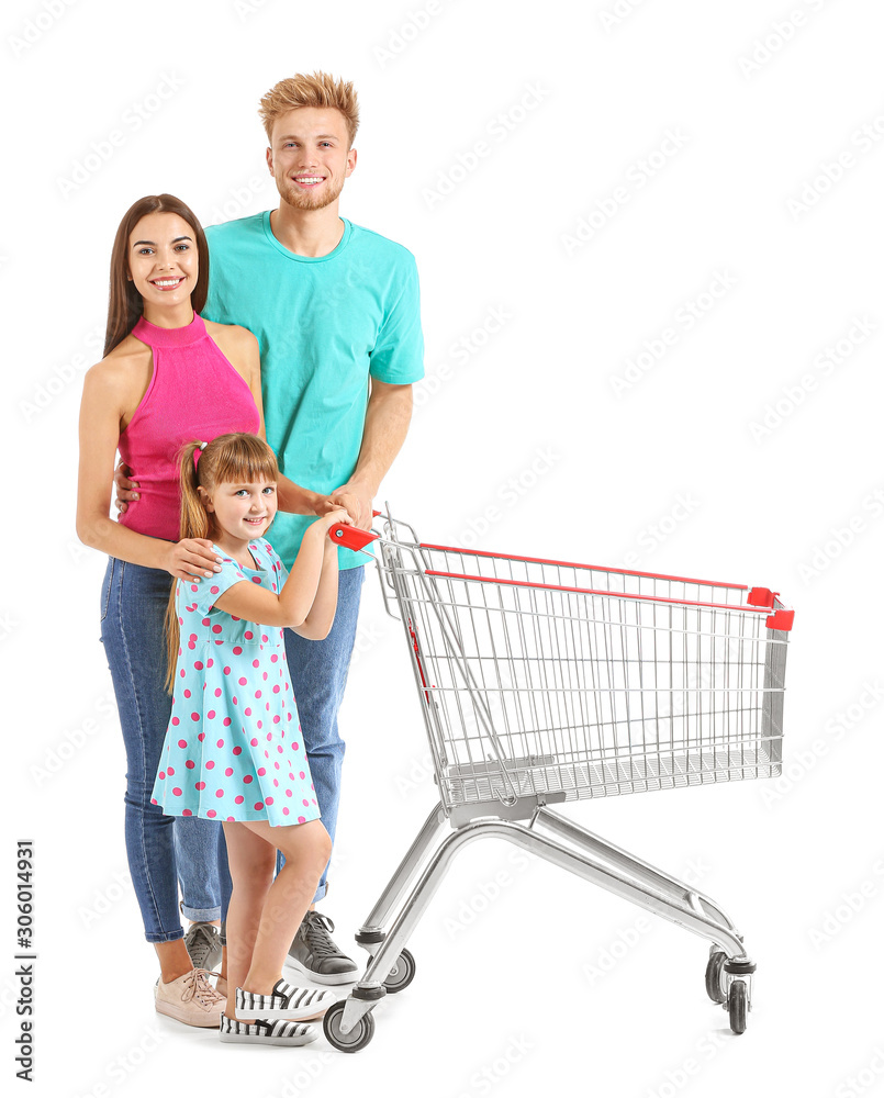 Family with shopping cart on white background