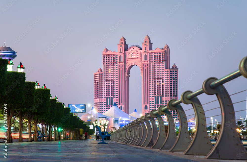 Al Marina island walking path in Abu Dhabi at sunset