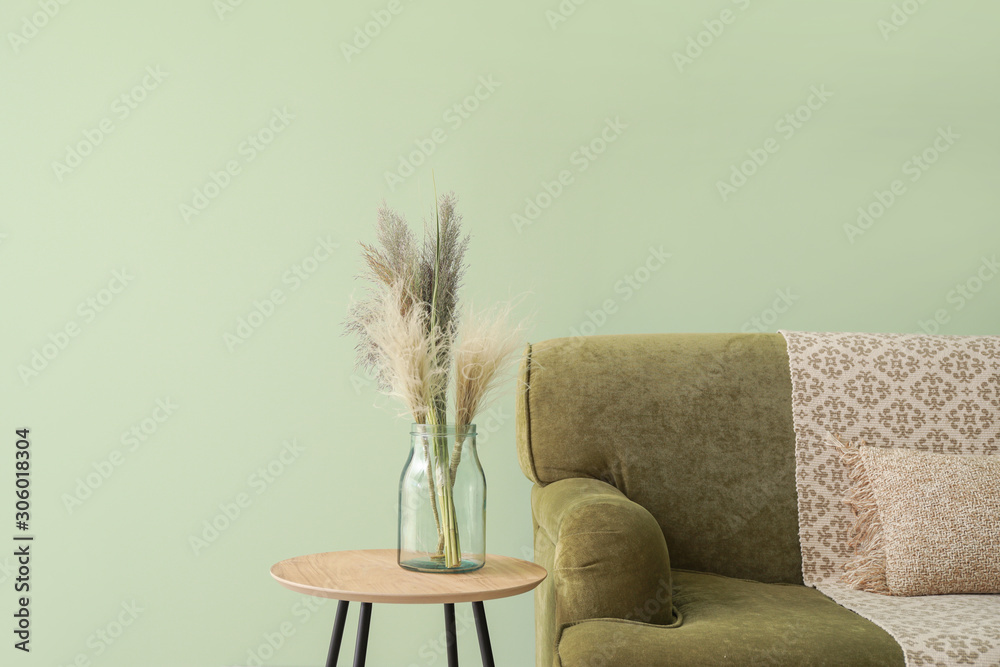 Cozy sofa with furry branches in jar on table against color background