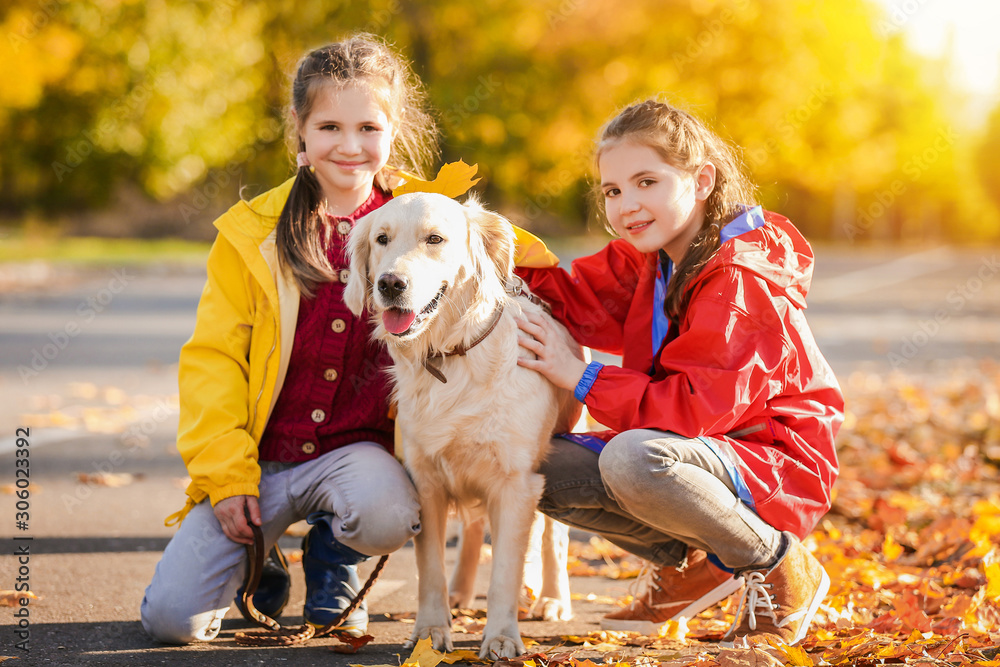 Cute girls with dog in autumn park