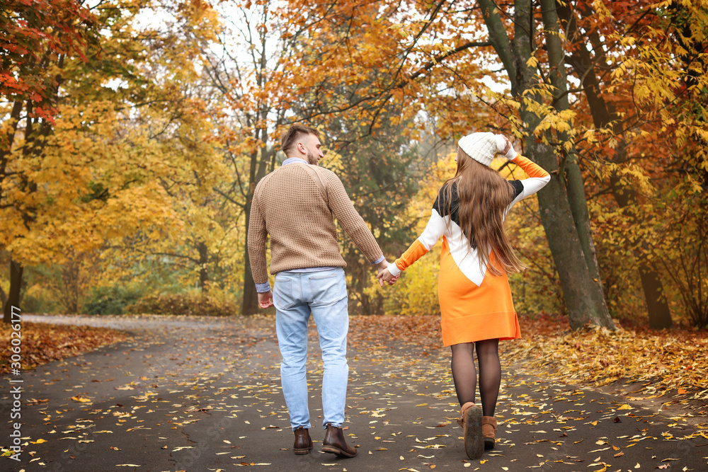 Loving young couple walking in autumn park