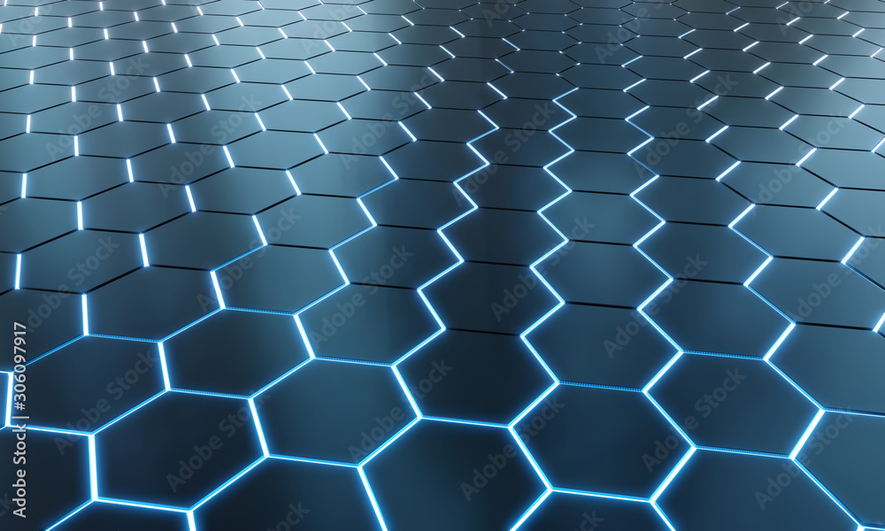 Glowing black and blue hexagons background pattern on silver metal surface 3D rendering