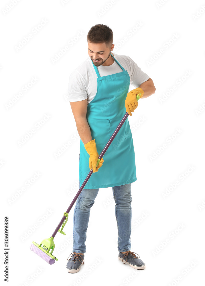 Male janitor on white background