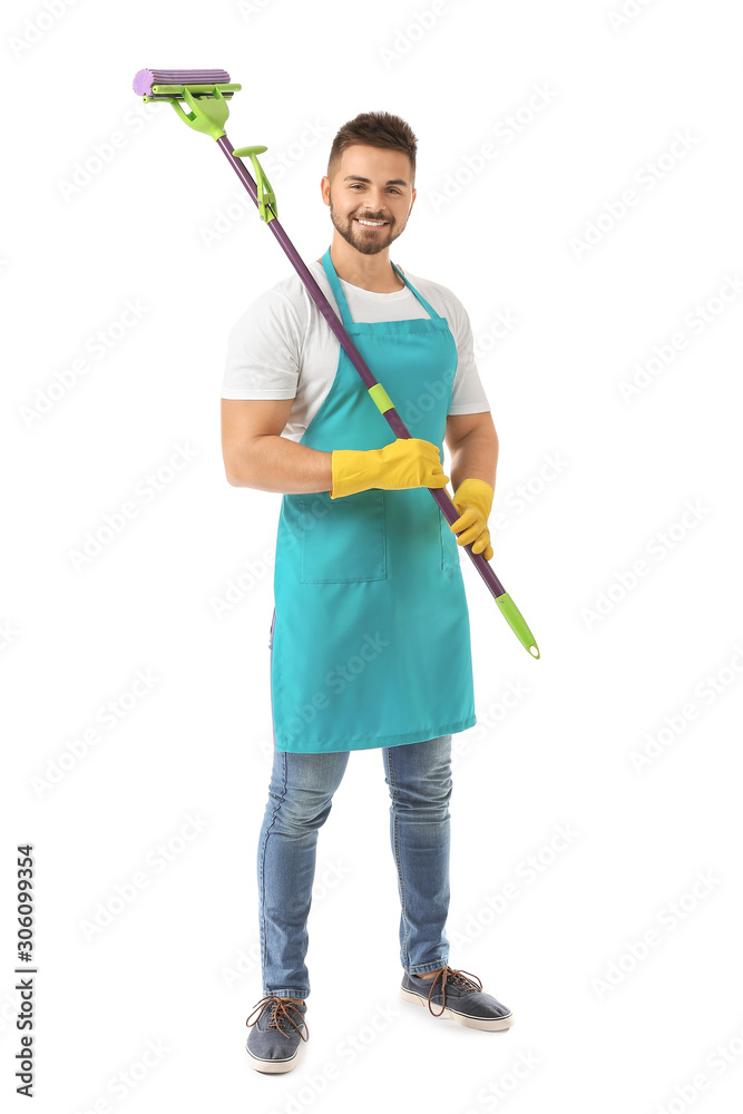 Male janitor on white background