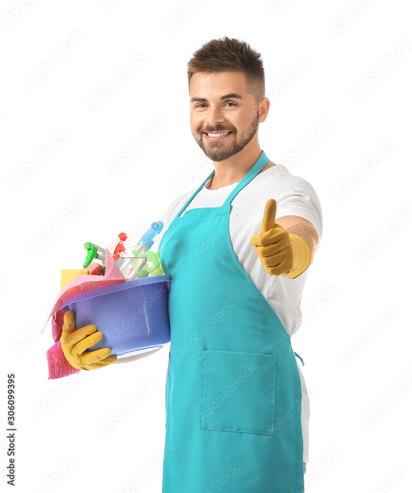 Male janitor showing thumb-up gesture on white background