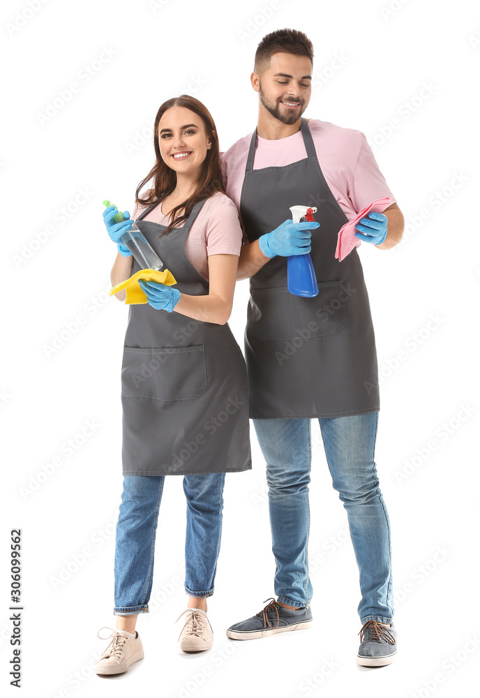 Team of janitors on white background