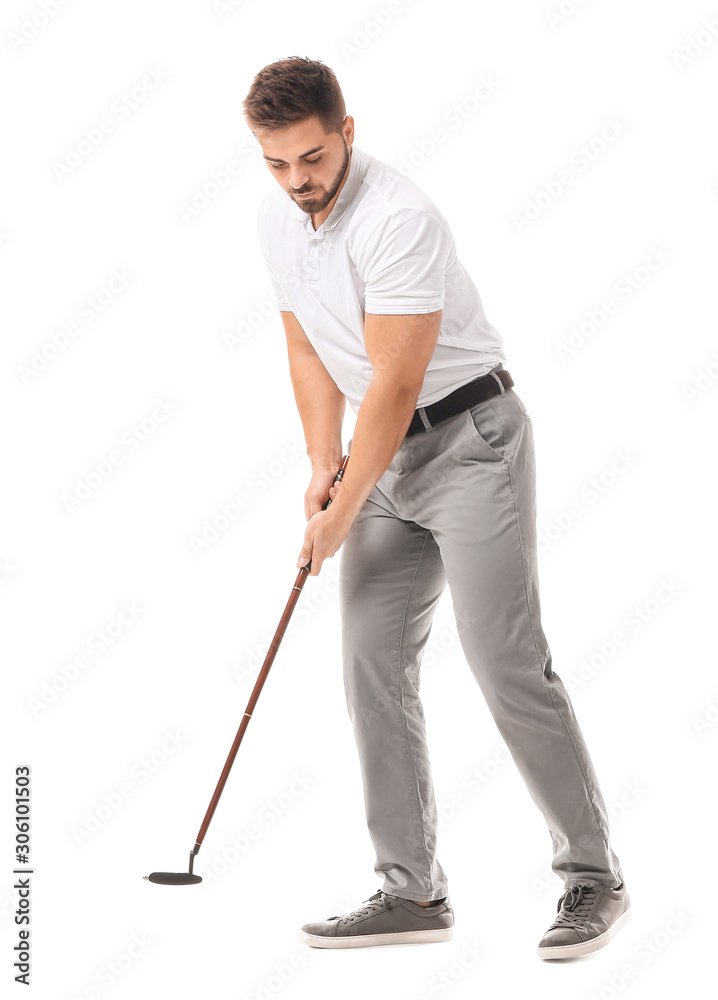 Handsome male golfer isolated on white