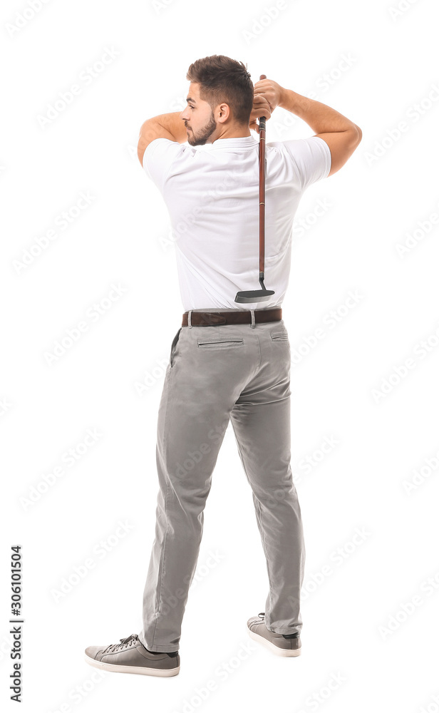 Handsome male golfer isolated on white