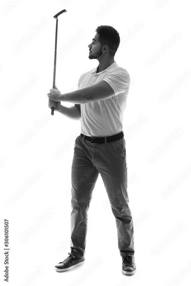 Black and white portrait of handsome male golfer isolated on white