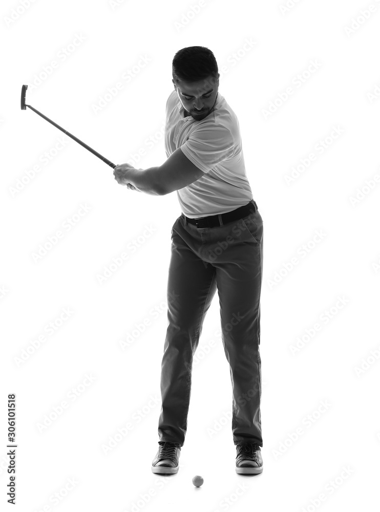 Black and white portrait of handsome male golfer isolated on white