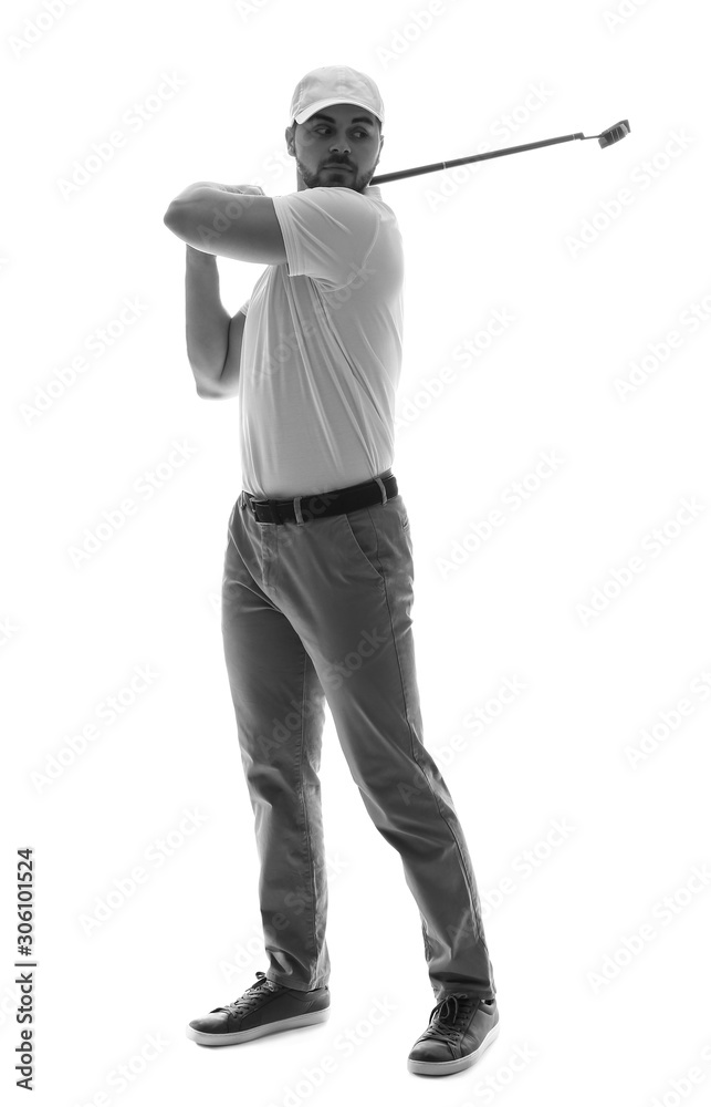 Black and white portrait of handsome male golfer isolated on white