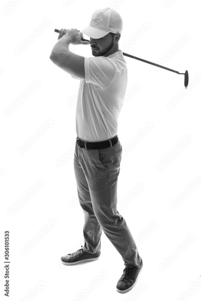 Black and white portrait of handsome male golfer isolated on white