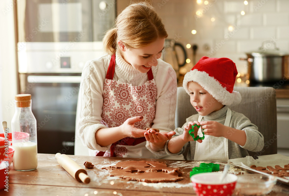 happy family mother and child bake christmas cookies.