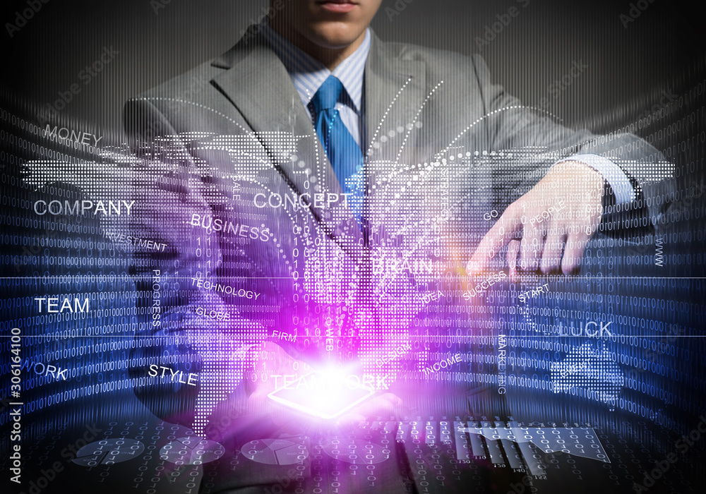 Businessman in suit using virtual interface