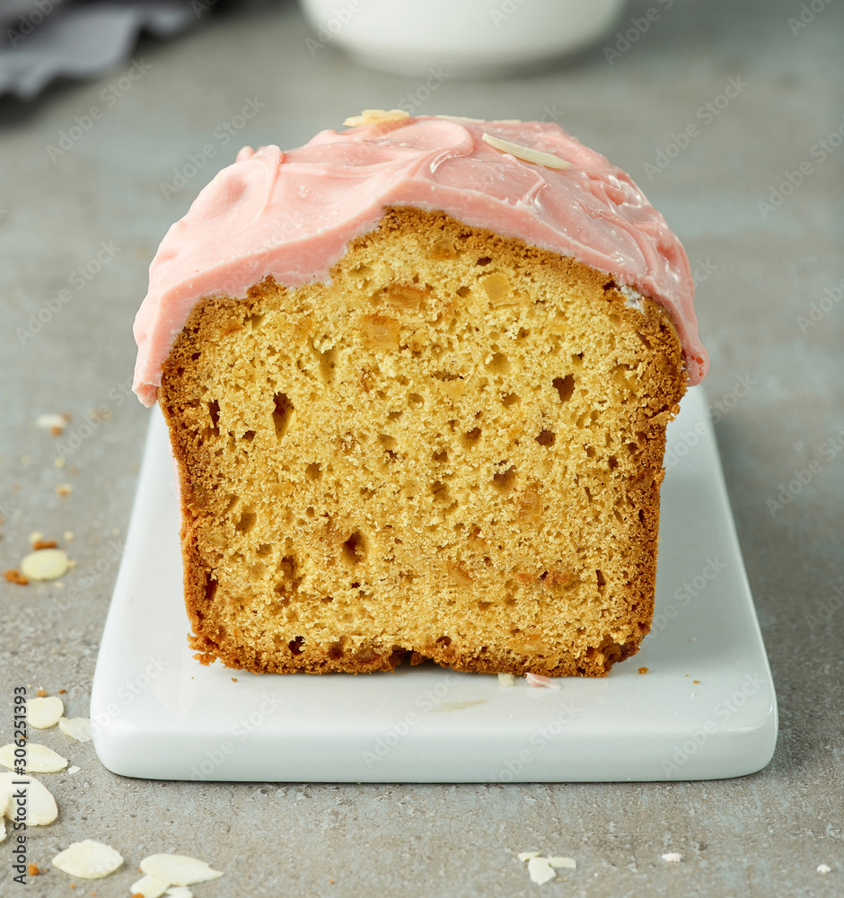 freshly baked sweet bread with pink chocolate