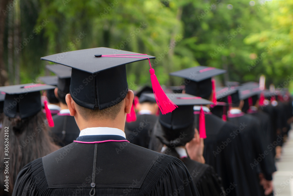 Rear view of group of university graduates in black gowns lines up for degree in university graduati