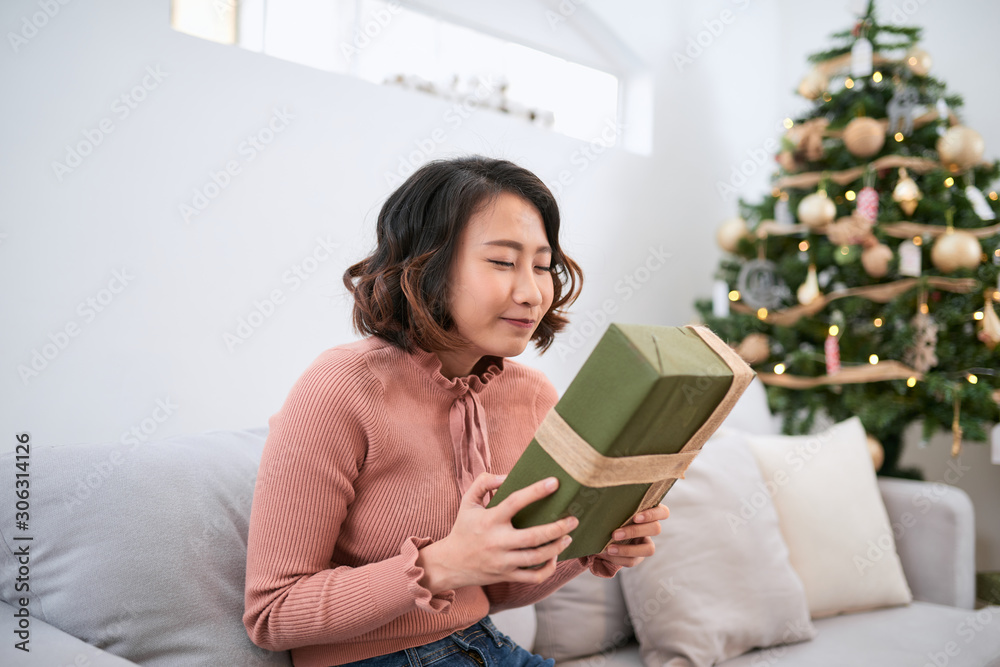 Smiling woman with gift box against the background of the Christmas tree. Happy young woman celebrat