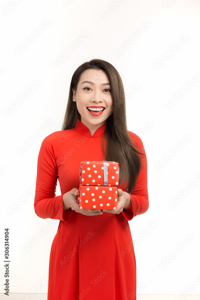 happy lunar new year. young woman holding gift box