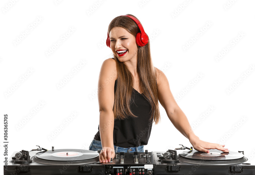 Female dj playing music on white background