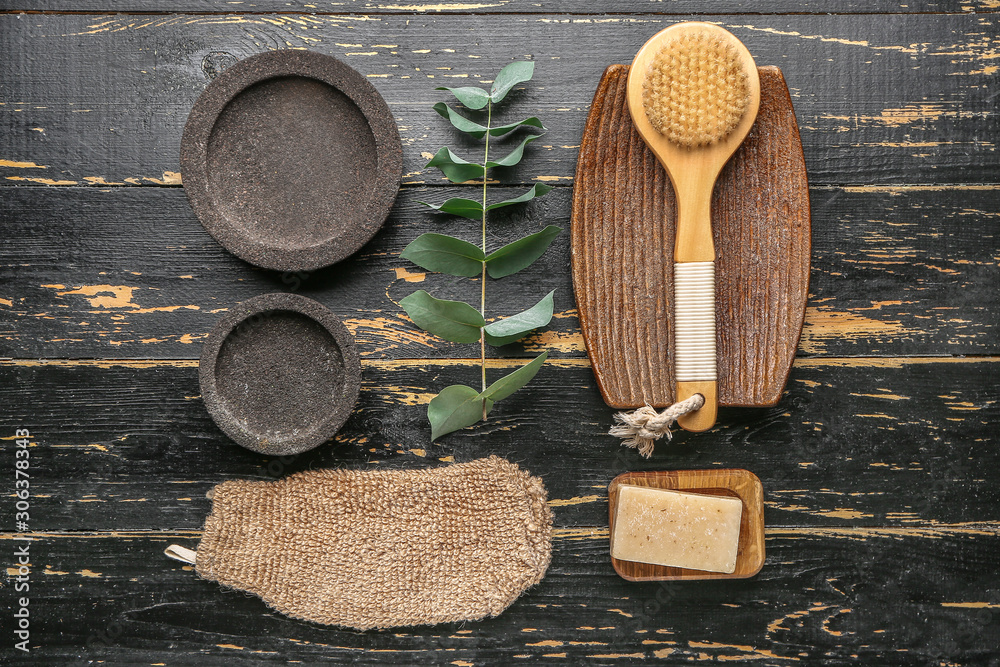 Set of bath accessories on wooden background