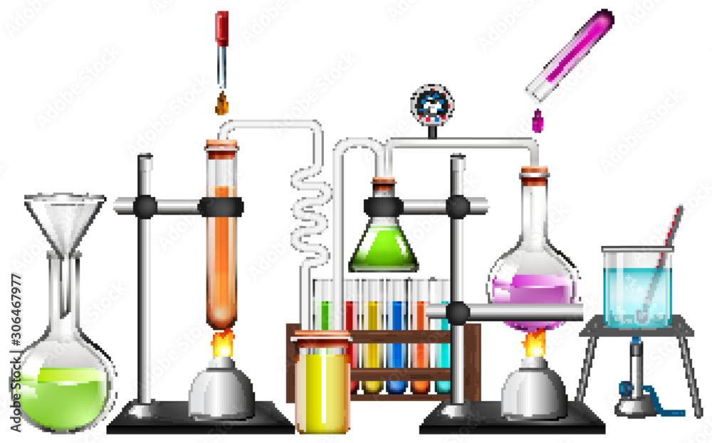 Set of science equipments on white background