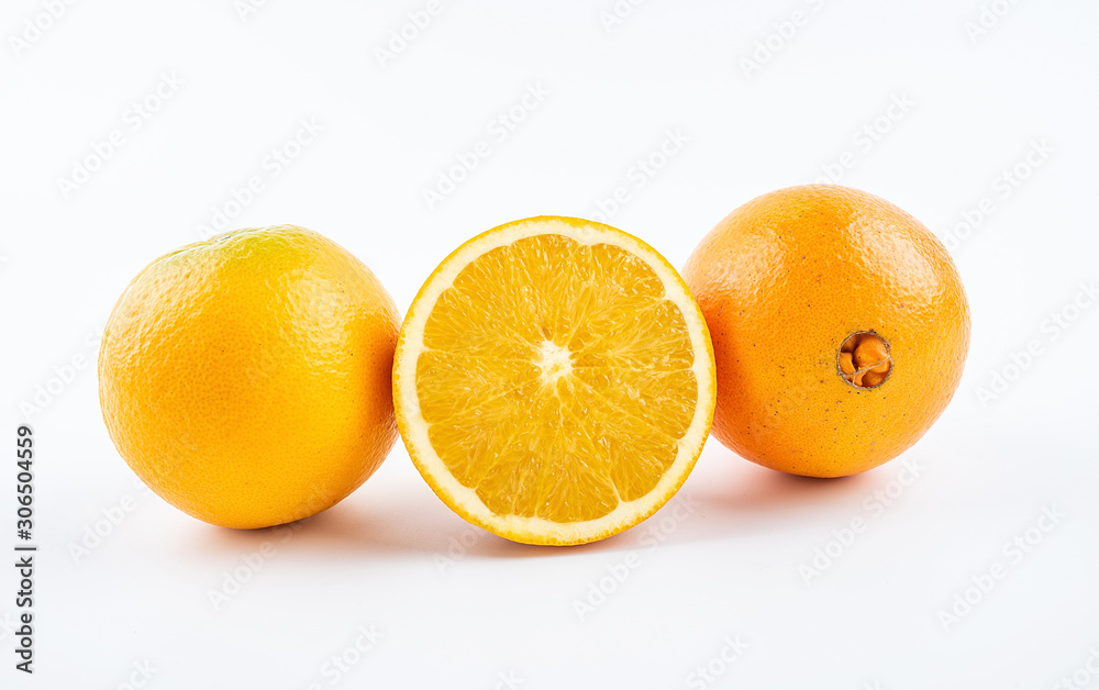 Fresh Nangan Navel Orange and pulp slices on white background