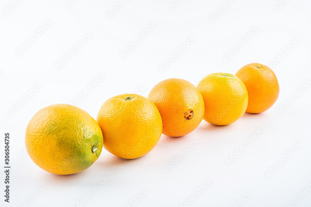 Row of fresh Gannan navel oranges on white background