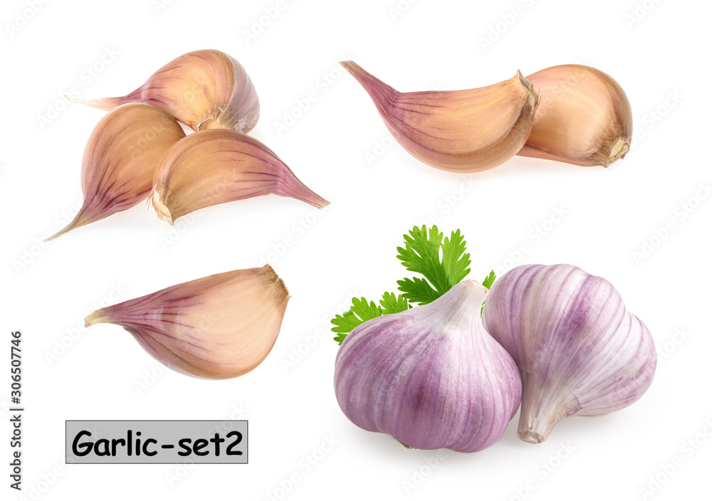 Garlic with cloves isolated on white background. set