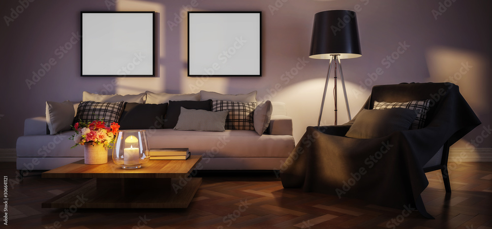 Modern living room interior with template frames by artificial light (panoramic) - 3d illustration