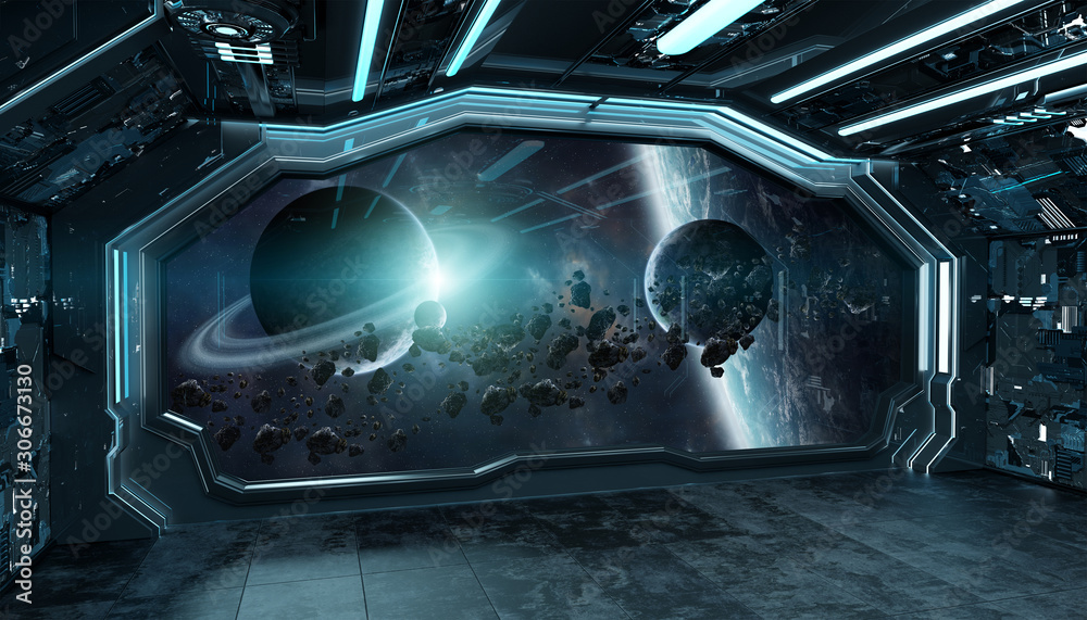 Dark blue spaceship futuristic interior with window view on space and planets 3d rendering