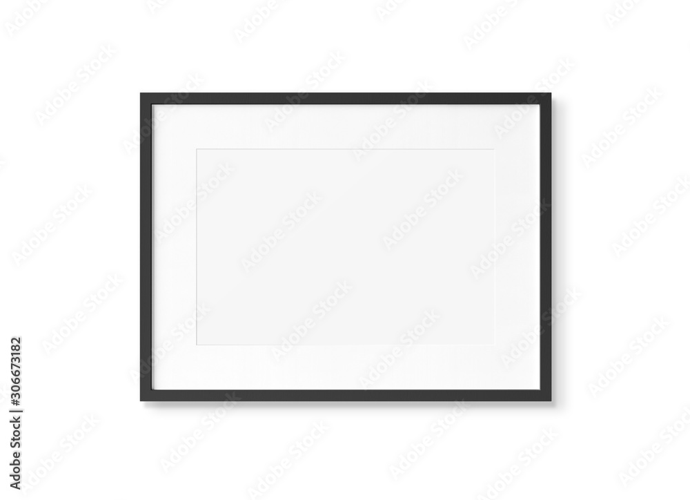 Black rectangular wooden frame on wall background 3D rendering