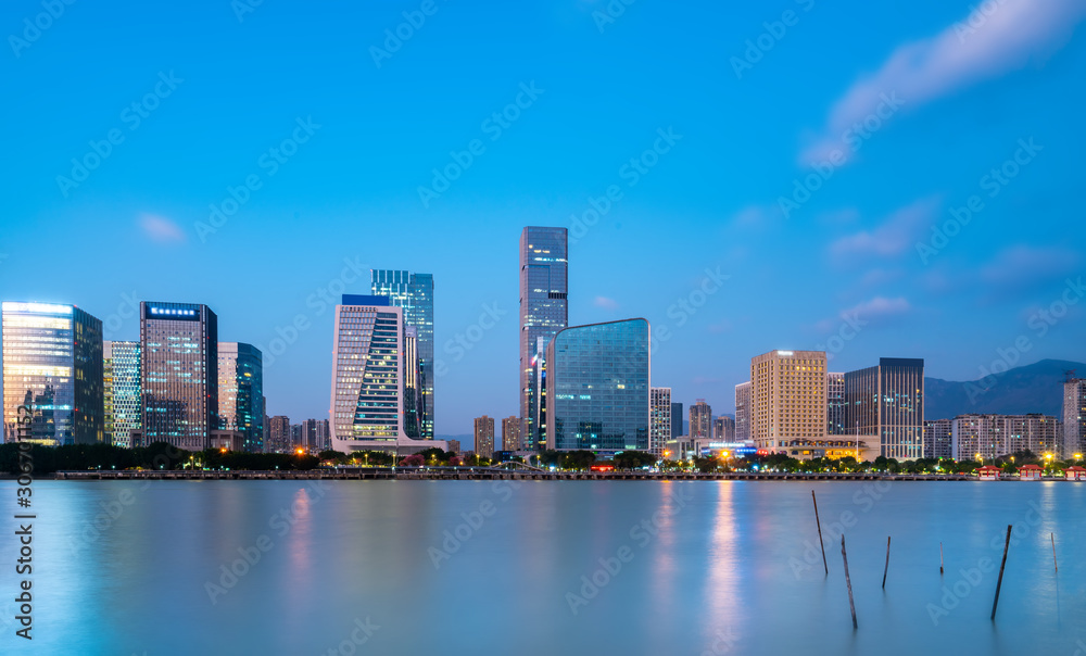 Night view of modern office building in Fuzhou Financial District..