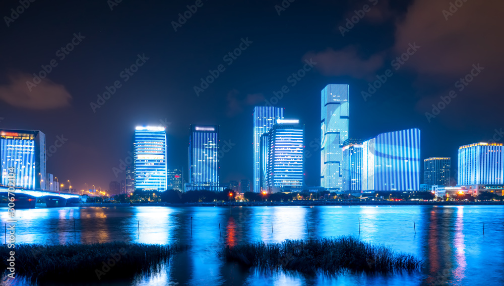 Night view of modern office building in Fuzhou Financial District..