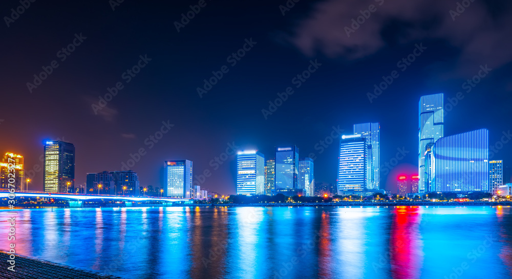 Night view of modern office building in Fuzhou Financial District..