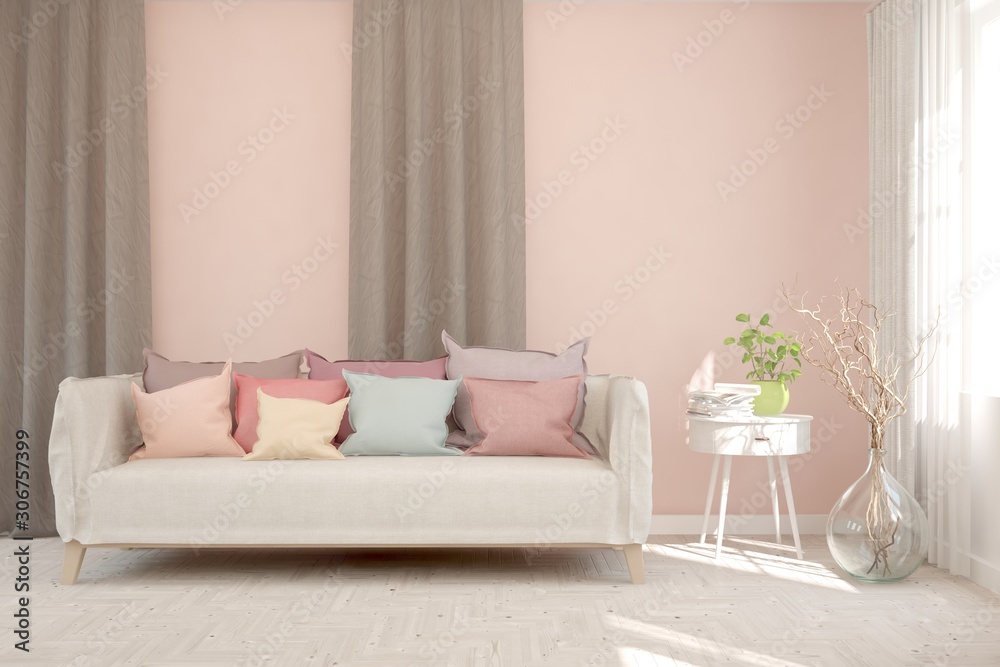 Stylish room in pinkcolor with sofa, pillows and glass vase. Scandinavian interior design. 3D illust