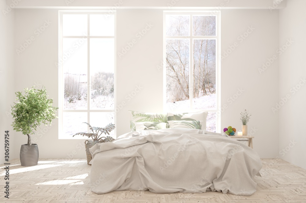 Stylish bedroom in white color with winter landscape in window. Scandinavian interior design. 3D ill